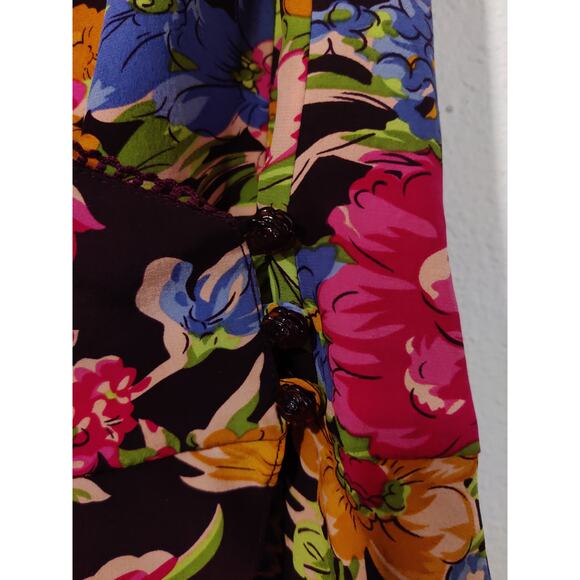 Nanette Lepore 100% Silk Black Pink Multi Floral Flutter Sleeve Faux Wrap Top 2 - Picture 3 of 8